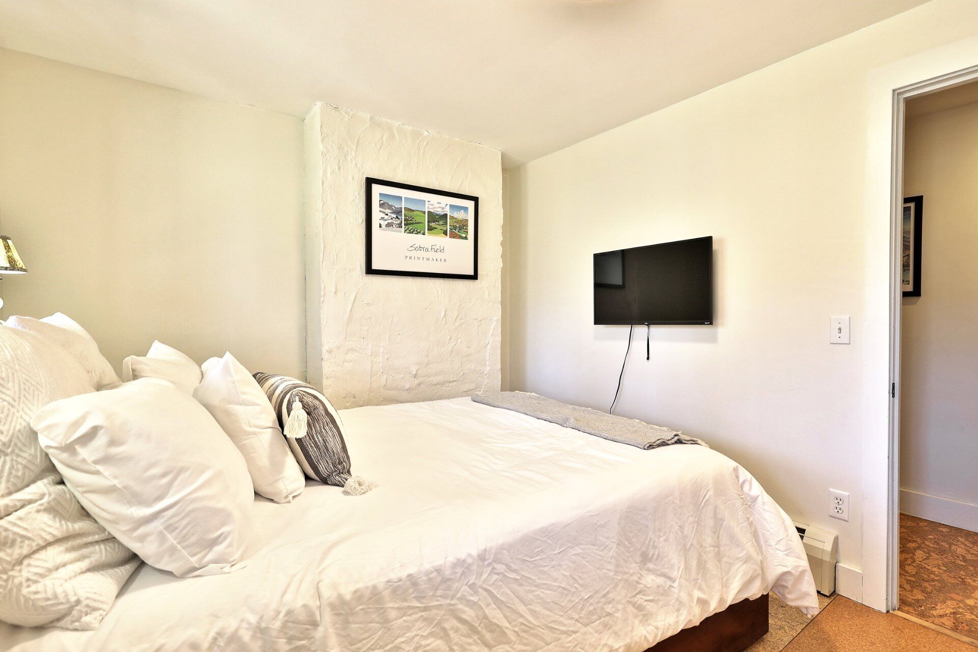 A bedroom with a bed, pillows, a framed print, a flat-screen TV, and a door.