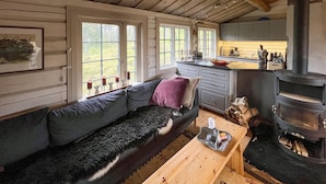 En mysig stuga med en soffa, ett träbord, en köksdel och en vedkamin.