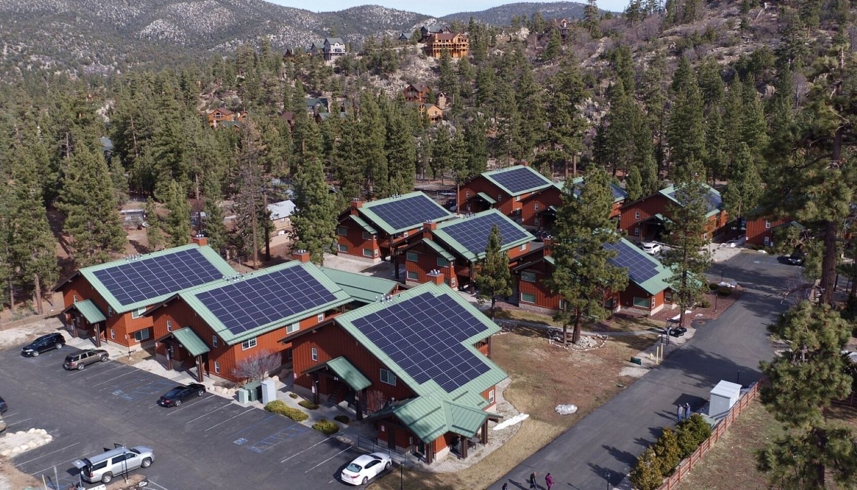 A residential area with multiple houses featuring solar panels on the roofs, surrounded by dense forest.