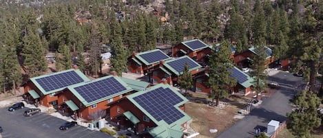 A residential area with multiple houses featuring solar panels on the roofs, surrounded by dense forest.