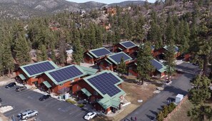 Un quartier résidentiel composé de plusieurs maisons dotées de panneaux solaires sur les toits, entouré d’une forêt dense.