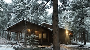 Una cabaña con un porche, un árbol pequeño y un paisaje cubierto de nieve.