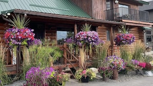 A rustic log cabin with a green metal roof, a balcony, and various potted plants and flowers in front.