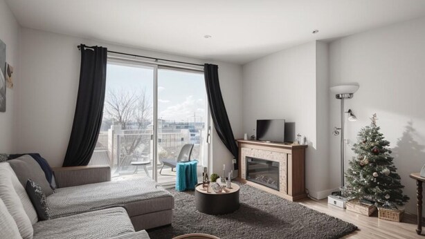Sala de estar moderna com sofá, lareira, árvore de Natal e varanda com vista para a cidade.