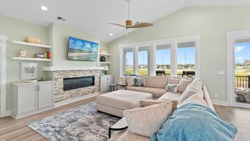 Smart TV, fireplace, table tennis, books