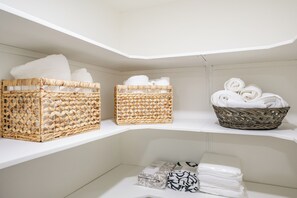 Hair dryer, bidet, towels, soap