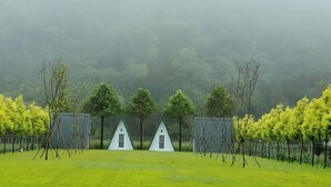 A serene landscape with three white triangular structures in the foreground, surrounded by a lush green field and trees. - guantau (Puli)