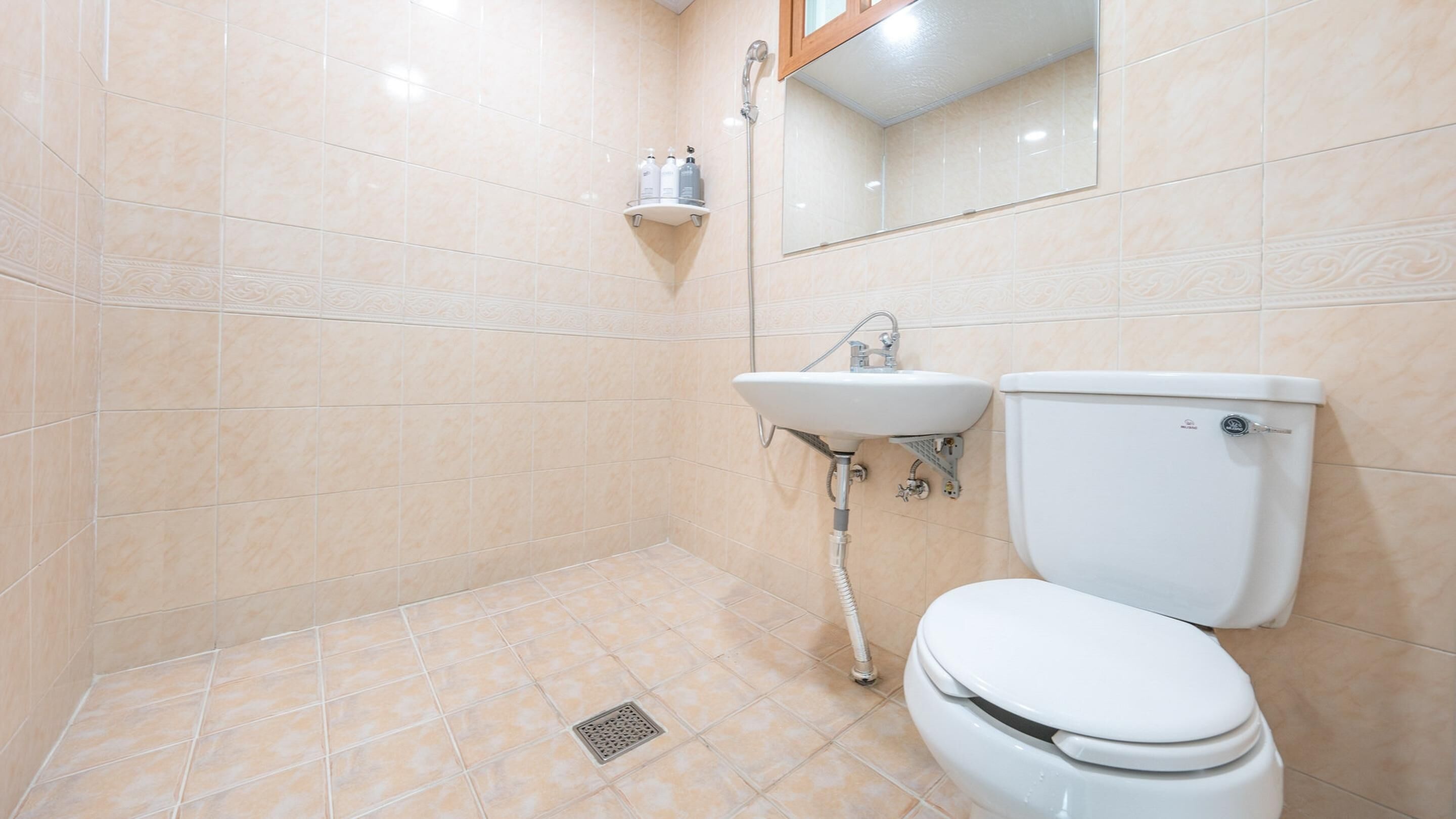 A bathroom with a toilet, sink, and shower.