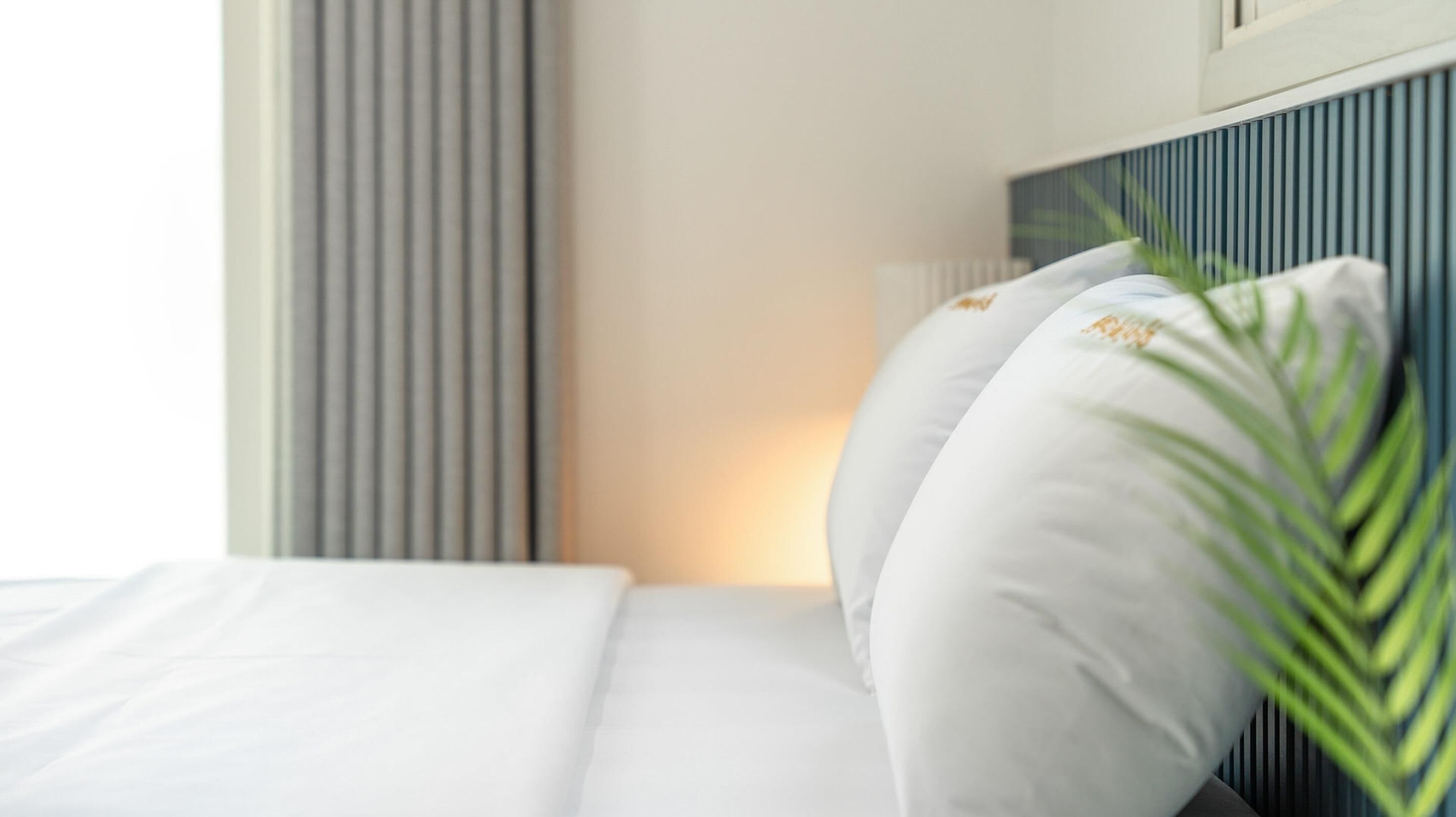 Una cama bien tendida con ropa blanca y dos almohadas, una planta en maceta a la derecha y una ventana con persianas verticales al fondo.