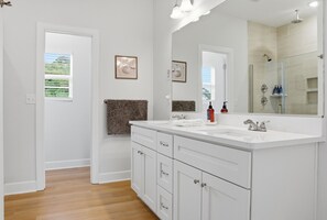 Hair dryer, towels, soap, shampoo