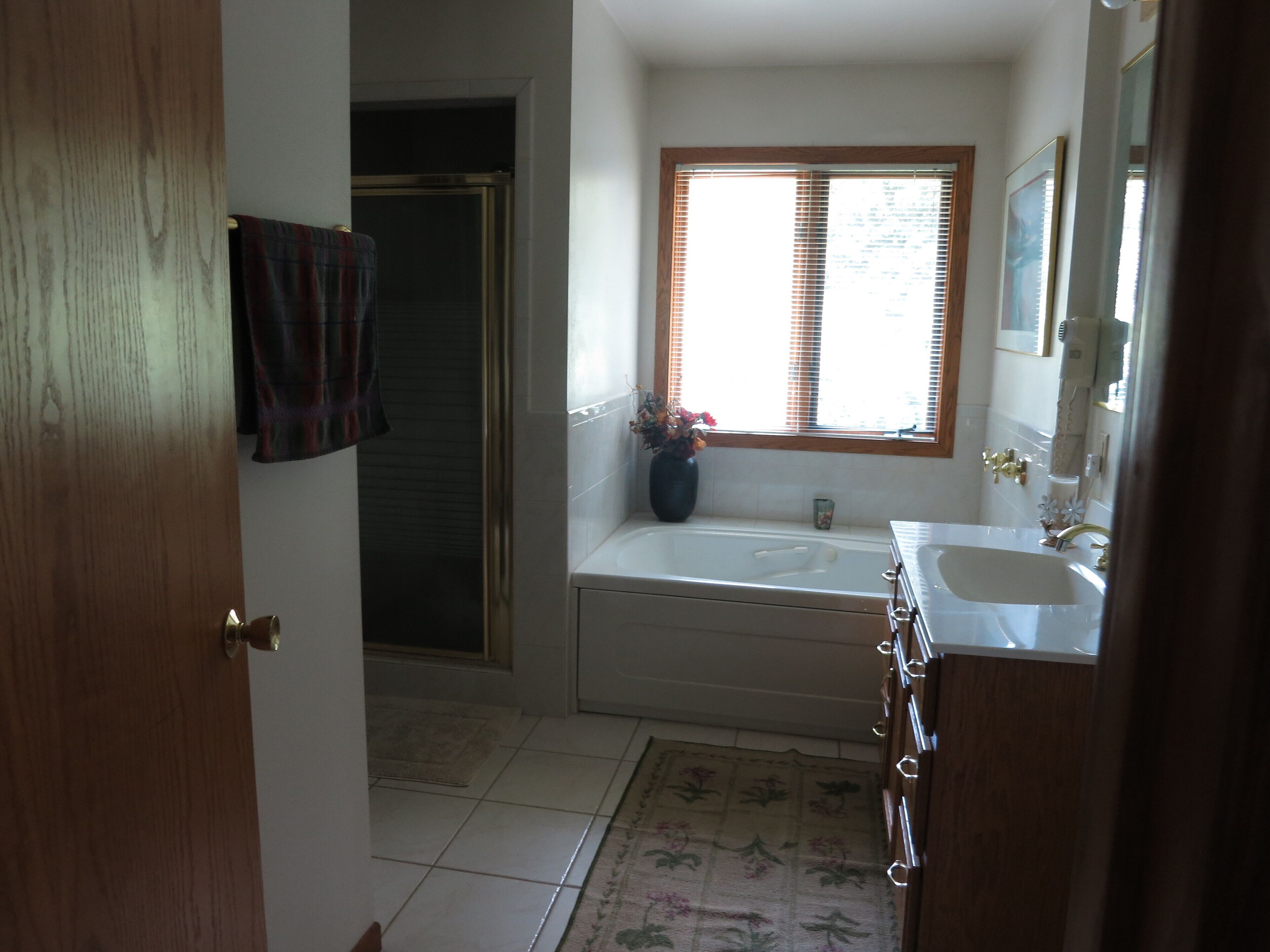Jetted bath, hair dryer, towels, soap