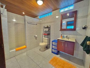 Douche, sèche-cheveux, serviettes fournies, savon