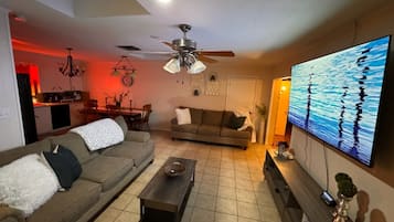 Smart TV, fireplace, stereo, computer monitors