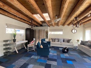 Smart TV, fireplace, DVD player, books