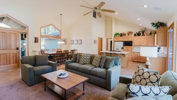 TV, fireplace, books