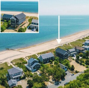 Una zona residencial costera con varias casas, algunas con acceso directo a la playa.
