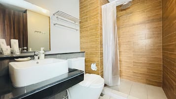 Hair dryer, towels, soap, toilet paper