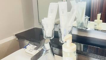 Hair dryer, towels, soap, toilet paper
