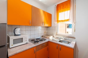 Kühlschrank, Mikrowelle, Herdplatte, Kochgeschirr/Geschirr/Besteck