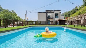 A pool with a dog on a yellow float, surrounded by a fence, a building, and string lights. - Gapyeong Chagall Spa Pension (Gapyeong)