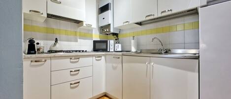 Fridge, microwave, stovetop, coffee/tea maker