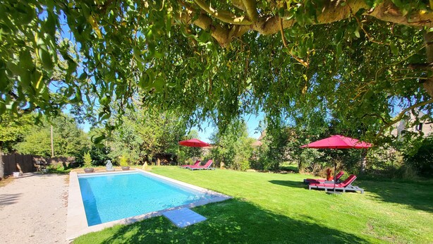 A swimming pool surrounded by a well-maintained lawn, with red umbrellas and lounge chairs. - Charm and serenity... (Parisot)