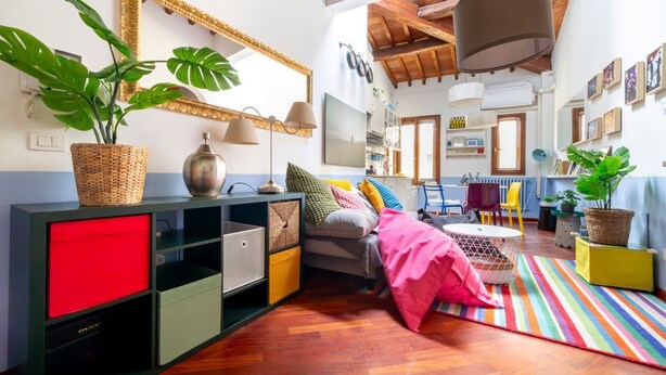 Een gezellige kamer met een bed, een televisie, een plant, een spiegel en een houten plafond.