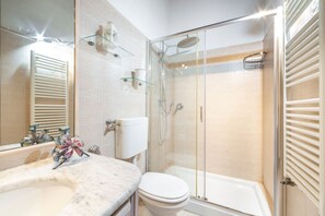 Shower, hair dryer, bidet, towels