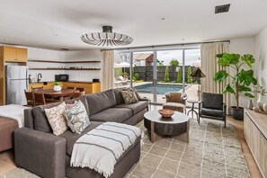 Smart TV, fireplace, books, music library