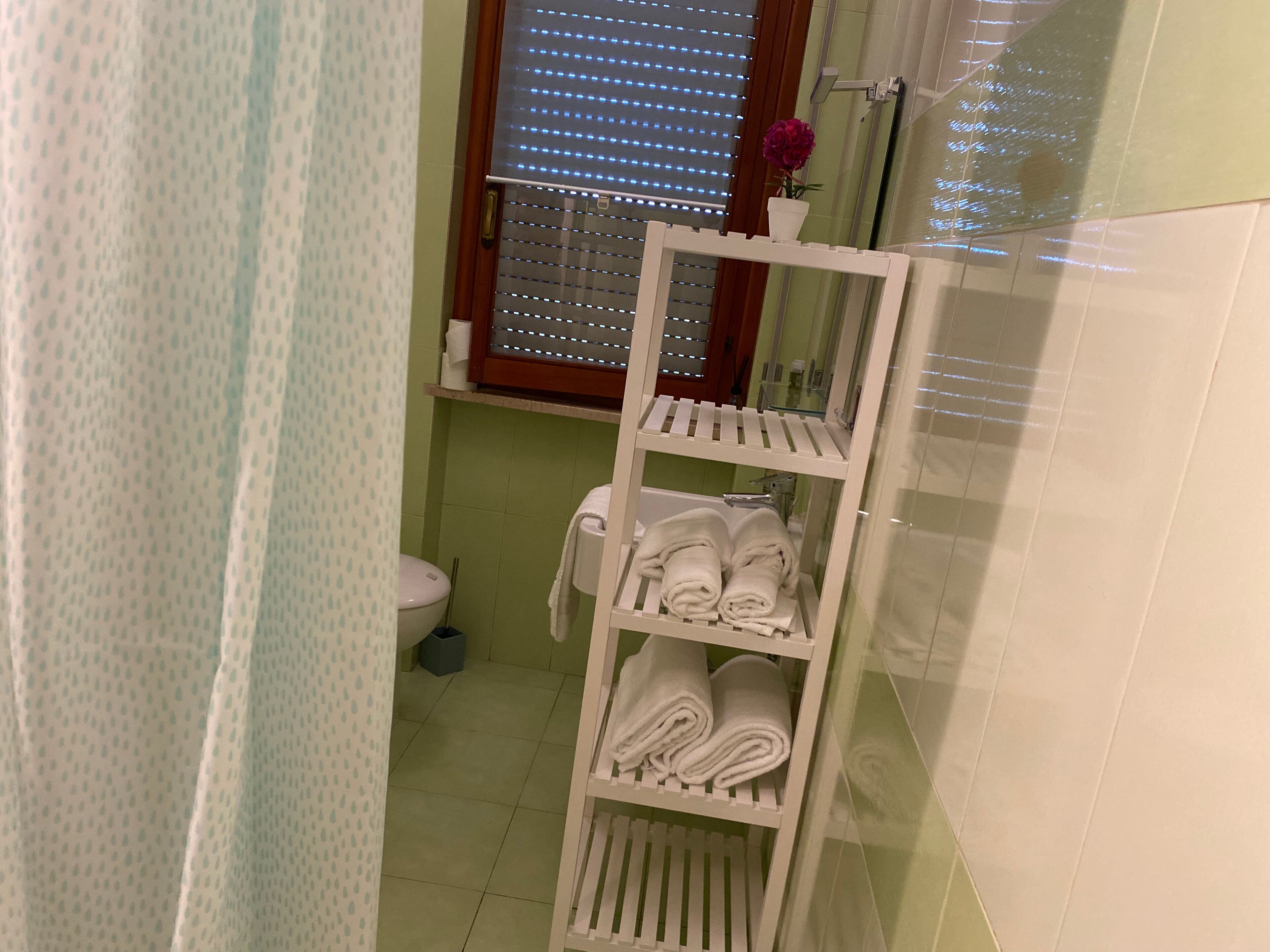A bathroom with a toilet, a sink, a shelf with towels, and a window with blinds.