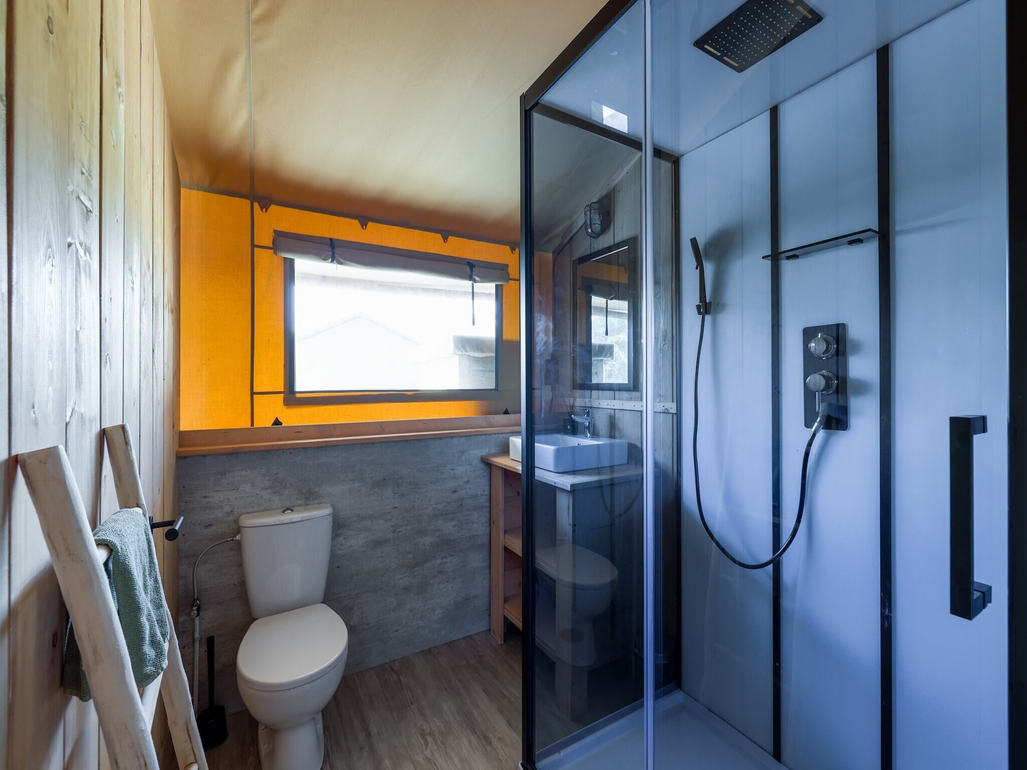A modern bathroom with a glass shower enclosure, a toilet, and a sink.
