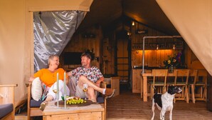 Un interior de madera acogedor con comedor, una mesa con comida y un perro.