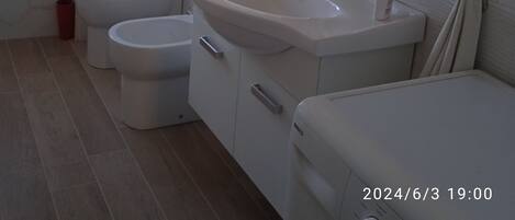 Hair dryer, bidet, towels, soap