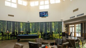 A spacious indoor area with a pool table, comfortable seating, and a large window providing natural light. - Home w/ Sauna & Garden (Bad Bentheim)