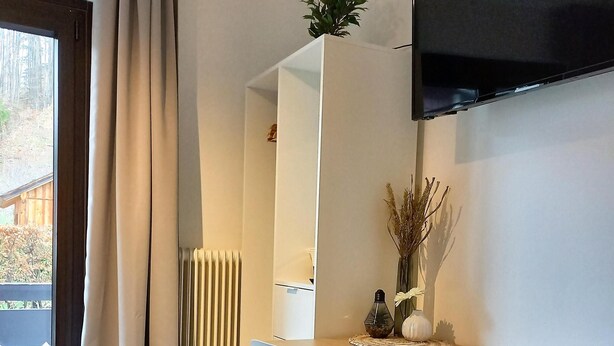 A modern dining area with a wooden table and two chairs, a potted plant, and a mounted TV on the wall.