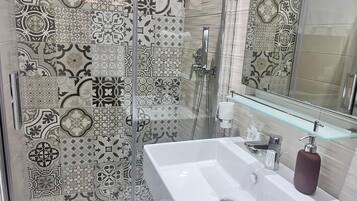 Shower, hair dryer, bidet, towels