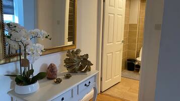 Hair dryer, towels, soap, shampoo