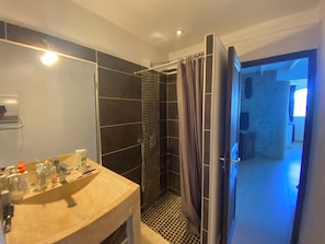 A modern bathroom with a shower, a vanity with toiletries, and a view into the bedroom.