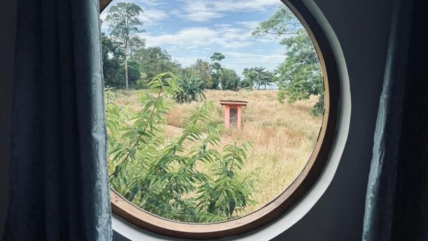 A window with a view of a grassy area and a small structure.