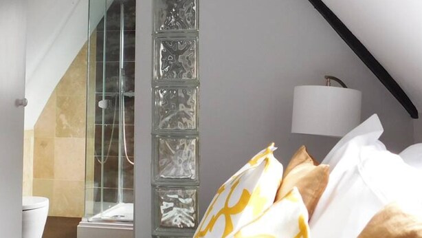 A bedroom with a glass shower, a bed with white and yellow pillows, and a lamp on the nightstand.