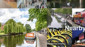 A variety of urban scenes including a shopping mall, a riverside view with boats, a canal with a boat, and a colorful bus. - Stay Norwich Apartments Riverside House Apart-1 (Norwich)