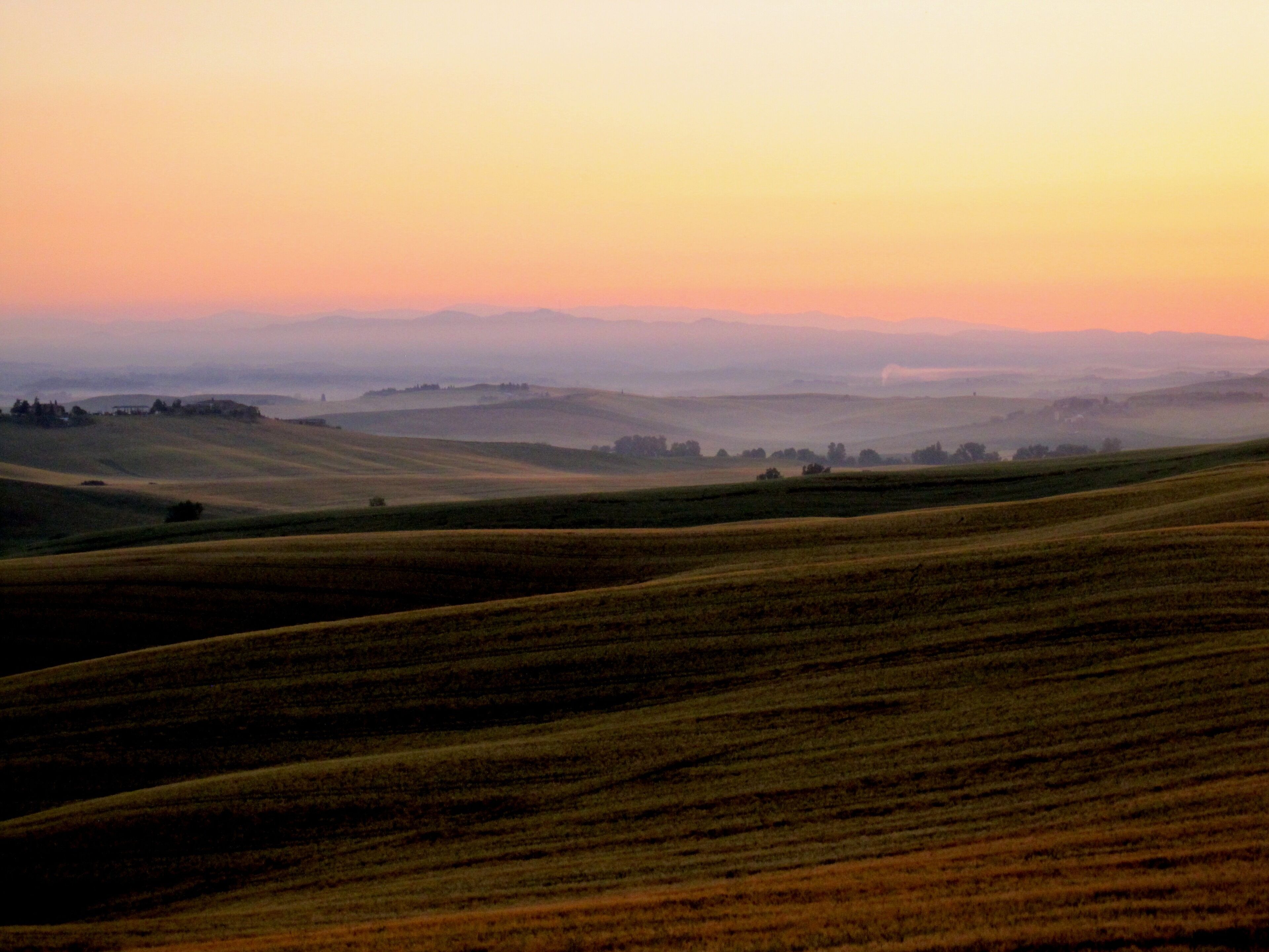 Wandernde Hügel mit einem Sonnenuntergang im Hintergrund.