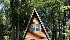 A cabin with a wooden exterior, a deck with chairs, and a grill. - Waterfront -Cozy Camp Triangle (Stratford)