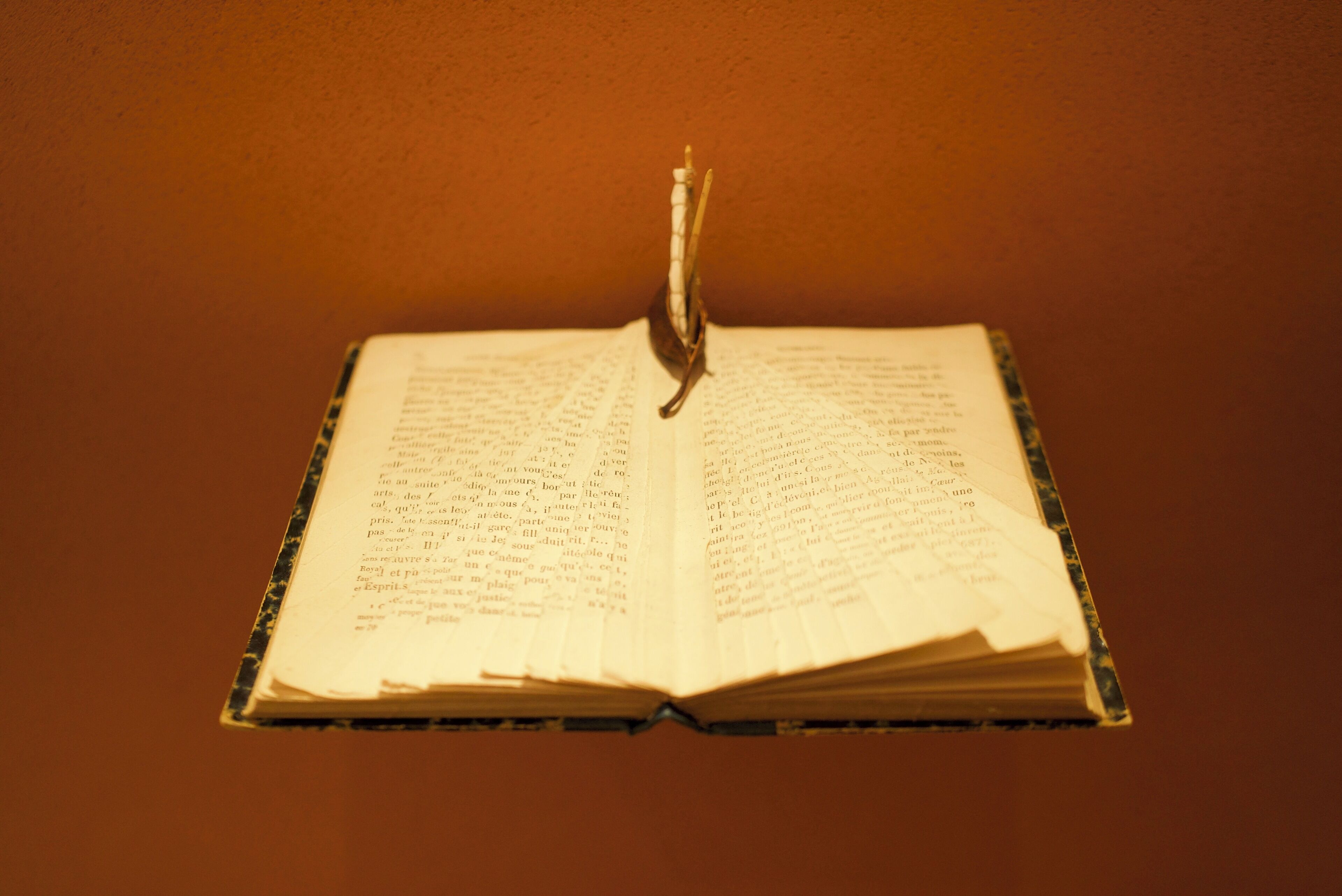 An open book with a bookmark on a flat surface.