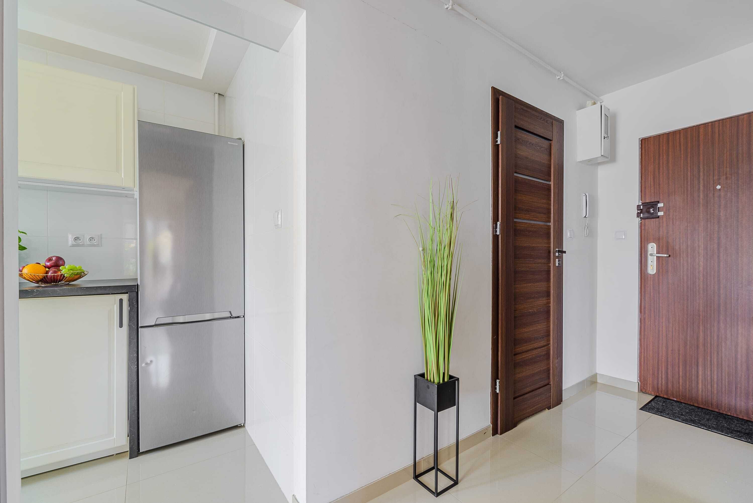 Una cocina moderna con un refrigerador de acero inoxidable, una puerta de madera y una planta en maceta.