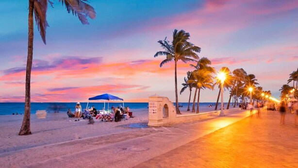 A beach scene with palm trees, a covered area, and a paved walkway. - American Dream Just Steps to the Beach (Hollywood)