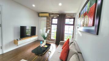 Televisión 55 pulgadas con canales de televisión por cable, chimenea