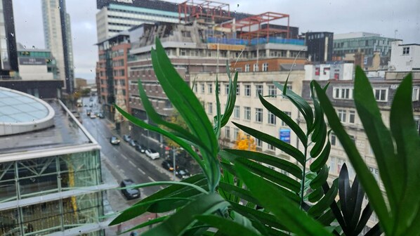 A view of a cityscape with buildings, a road, and a plant in the foreground. - Cozy Liverpool Apartment With 2 Bedrooms (Liverpool)