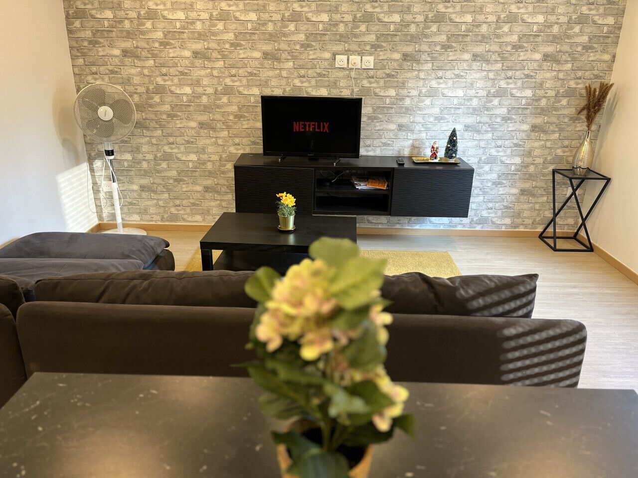 A living room with a brick wall, a black entertainment unit, a TV displaying 'NETFLIX,' a fan, and a small table with a plant.