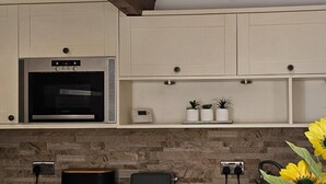 A kitchen with a built-in oven, a stone backsplash, and a shelf with potted plants. - Delightful Space-view Farmhouse Astronauts Lodge (Bacup)